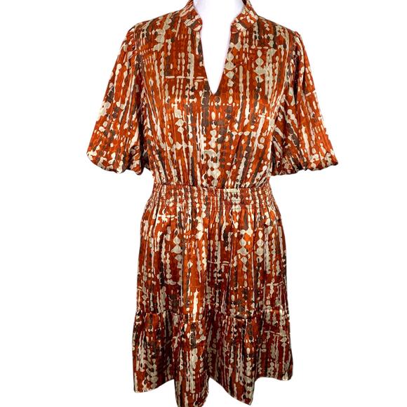 THML Women's Size MED Dress Rust Cream Brown Ruffle Bottom Puff Sleeve - Picture 2 of 14